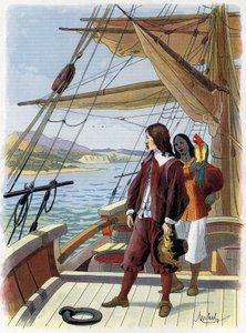 Robinson Crusoe verlässt seine Insel - Illustration von Felician MYRBACH MYRBACH RHEINFELD (1853-1940) für das Buch von Daniel Defoe Robinson Crusoe. Kein Datum. Um 1934 von Felicien baron de Myrbach Rheinfeld