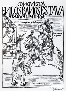 Sebastian de Benalcazar und Hernando Pizarro konfrontieren Atahualpa Inka in den königlichen Bädern von Cajamarca