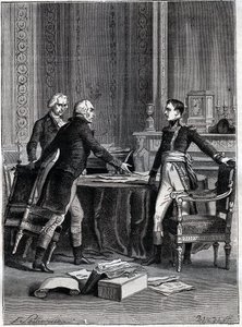 Erste Beratung der drei Konsuln in Peer-Luxemburg - Napoleon Bonaparte, Emmanuel Joseph Sieyes und Pierre Roger-Ducos 1799 - Gravur von Barbant, nach Philippoteaux - Erstes Konsulat, 24 Frimaire VIII (15. Dezember 1799), erstes Treffen des Ersten Konsulats von Felix (after) Philippoteaux