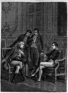 Jean Jacques Régis de Cambacérès (1753-1824) stellt Bonaparte, dann Erster Konsul, und seinen Brüdern Joseph und Lucien seine geniale Kombination vor, um ihn zum Konsul auf Lebenszeit zu ernennen, ca. 1804 - (Cambacérès schlägt Bonapartes Ernennung zum Kon