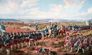 Die Schlacht von Fontenoy. Die Franzosen und die Alliierten konfrontieren sich (Farblitho)