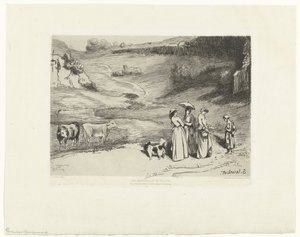 Junge Frauen geben einer Hirtin Geld in einer Hügellandschaft von Felix Bracquemond