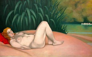 Nackte Frau, die am Wasser schläft