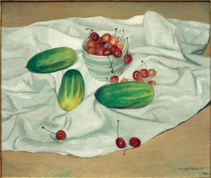 Drei Gurken und eine weiße Vase mit Kirschen von Felix Edouard Vallotton