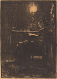 Frau, die bei Lampenlicht liest von Felix Hilaire Buhot