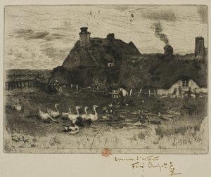 Die kleinen strohgedeckten Hütten von Felix Hilaire Buhot