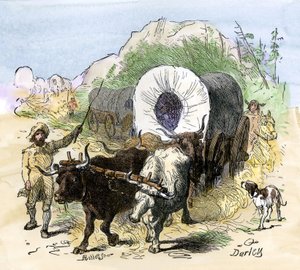 Geschichte der Siedler und der Eroberung des Westens: Amerikanische Pioniere. Pioniere wanderten zu Beginn des 19. Jahrhunderts ins Mississippi-Tal aus. Farbige Gravur von Darley. von Felix Octavius Carr (after) Darley