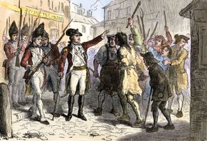 Der königliche Gouverneur Sir William Tryon konfrontierte die Volksklassen der amerikanischen Bevölkerung, die sich gegen korrupte Kolonialbeamte auflehnten, North Carolina