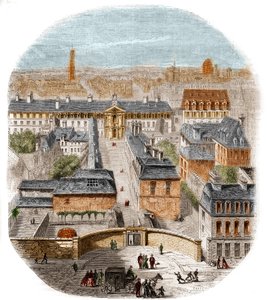 Ansicht der Gobelins-Manufaktur in Paris, mit dem Kapuzinerkloster, dem Observatorium und dem Schloss der Königin Blanche. Gravur von Thorigny von Felix Thorigny