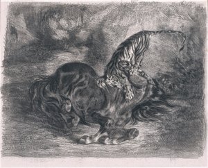 Wildes Pferd von einem Tiger niedergestreckt von Ferdinand Victor Eugene Delacroix