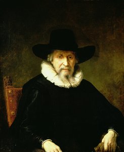 Porträt eines Gentlemans mit Halskrause und dunkler Kleidung mit breitkrempigem Hut von Ferdinand Bol