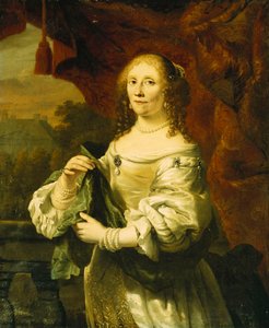 Porträt einer Dame, stehend in Dreiviertellänge, in einem weißen Satinkleid mit einem grünen Schal vor einem roten Vorhang auf einem Balkon, eine Landschaft dahinter