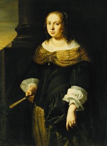 Porträt einer Dame, Dreiviertellänge, in einem schwarzen und grünen Kleid, einen Fächer haltend, auf einer Portikus