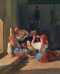 Kinder schmücken den Hut eines Wehrpflichtigen von Ferdinand Georg Waldmuller