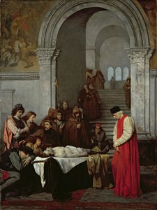 Der Maler Luca Signorelli steht neben dem Leichnam des toten Sohnes seines Rivalen, 1859