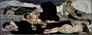 In der Nacht, Gruppe nackter Schläfer, einer von ihnen inmitten eines Albtraums von Ferdinand Hodler