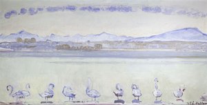 Neun Schwäne vor einer bergigen Landschaft, 1915