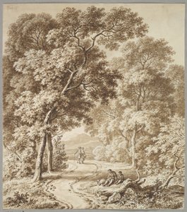 Ein von Bäumen gesäumter Weg mit zwei Bettlern und einem spazierenden Paar von Ferdinand Kobell