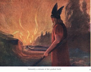 Sofort schoss ein Feuerstrahl hervor, Illustration aus Die Geschichten von Wagners Opern, veröffentlicht von George Harrap & Co Ltd, 1932