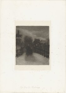 Alte Frau mit Kind auf einer Brücke (Winterabend) von Ferdinand Oldewelt (signed by artist)