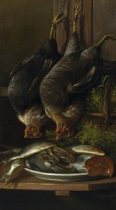 Stillleben mit Hühnern und Fischen
