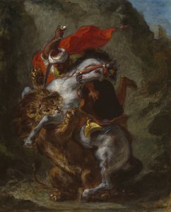 Arabischer Reiter von einem Löwen angegriffen, 1849-50