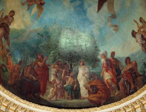 Abstieg in die Unterwelt: die Gruppe der Berühmten: von links nach rechts, Demosthenes (sitzend), Xenophon, Platon und Sokrates, Aspasia (weiß), Apelles, Alexander der Große, Aristoteles und Achilles sitzend, Gemälde von Eugene Delacroix von Ferdinand Victor Eugene Delacroix