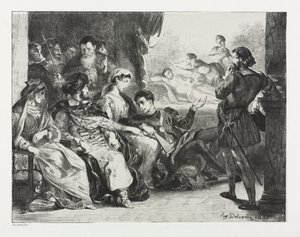 Hamlet: Hamlet befiehlt den Schauspielern, eine Szene aus der Vergiftung seines Vaters zu spielen, 1834 von Ferdinand Victor Eugene Delacroix