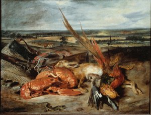 Stillleben mit Hummer und Jagd- und Fischereitrophäen