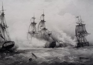 Kampf zwischen britischen und amerikanischen Dreideckern mit 74 Kanonen, Lithographie von Ferdinand Perrot von Ferdinand Victor Perrot