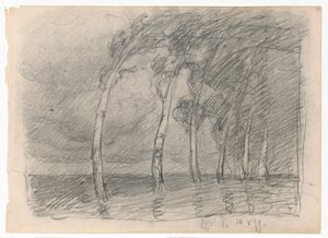 Birken während eines Sturms, Studie zum Gemälde "Ballade"; verso: Fragment eines Gebäudeskizze