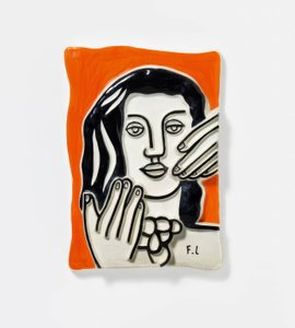 Gesicht mit zwei Händen auf orangefarbenem Hintergrund von Fernand Leger