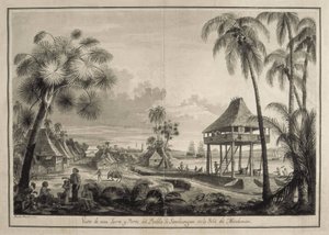 MALASPINA, Alejandro (1754-1809). Italienisch-spanischer Navigator und Entdecker.; BRAMBILA, Fernando (1763-1834). Malaspina-Expedition. Philippinen (1792). Dorf Zamboanga. Zeichnung von Fernando Brambila. Spanien. Madrid