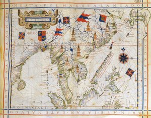 Flugkarte, Vor-Mercator-Karte von 1571 des portugiesischen Kartographen Fernao Vaz Dourado (ca. 1520-ca. 1580). Karte von Ostindien, Bucht von Bengalen, Südostasien, Thailand, Borneo und Japan. Der Wendekreis des Krebses ist benannt. von Fernao Vaz Dourado