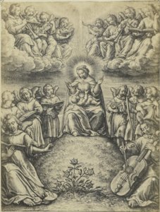 Fotoreproduktion der Gravur Le concert des anges von Hieronymus Wierix von Fierlants