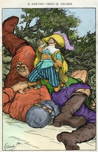 „Bereiten wir die Komödie vor, sagte er“. Illustration von Filiberto Scarpelli für das Märchen „Der tapfere Schneider“ aus einer Sammlung von Fabeln der Brüder Jacob und Wilhelm Grimm „Schneewittchen und andere Märchen“