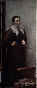 Porträt der Künstlerin Anna Ostroumova-Lebedeva (1871-1955). Dargestellt stehend hinter ihrem Malmaterial, mit einer Brille auf der Nase und einer weiteren in der Hand. Gemälde von Filipp And von Filipp Andreevich Maliavin