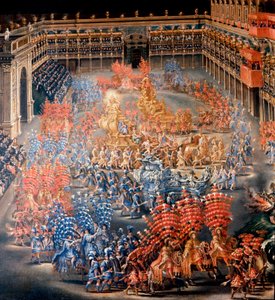 Fest im Palazzo Barberini zu Ehren von Christine von Schweden am 28.02.1656 (Detail). Gemälde von Filippo Lauri (1623-1694) und Filippo Gagliardi (gestorben 1659). 17. Jahrhundert Rom, Museum von Rom
