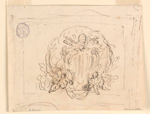 Zeichnung, Tafel mit dem Wappen von Papst Benedikt XIV mit Muschel als Hintergrund, 1740–58
