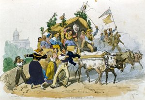Neapolitaner kehren fröhlich von einem Ausflug nach Montevergine zurück. Zeichnung von F. Palizzi aus „Costumi del regno di Napoli“ von De Bourcard von Filippo Palizzi