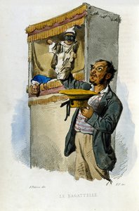 Kleines Gewerbe der Stadt Neapel: der Puppenspieler. Gravur nach einem Gemälde von F. Palizza. Aus einem Werk von Francesco de Bourcard „Costumi del regno di Napoli“ von Filippo Palizzi