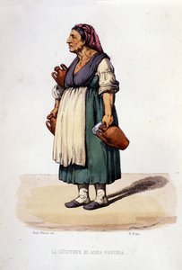 Kleingewerbe der Stadt Neapel: wandernde Verkäuferin von Schwefelwasser. Gravur nach einem Gemälde von F. Palizza. Aus einem Werk von Francesco de Bourcard „Costumi del regno di Napoli“ von Filippo Palizzi