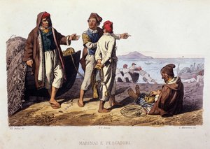 Kleiner Beruf des Königreichs Neapel: Matrosen und Fischer. Gravur nach einem Gemälde von F. Palizza. Aus einem Werk von Francesco de Bourcard „Costumi del regno di Napoli“