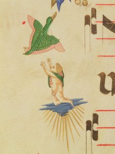 Missale 515 f.13v Ein verhüllter Cherub versucht, einen fliegenden Vogel zu fangen, aus einem dekorativen Rand, Detail aus einem Chorbuch