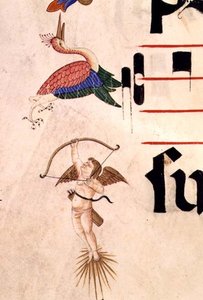 Missale 515 f.5r Ein Cherub schießt einen Storch mit Pfeil und unsichtbarem Bogen (Detail des dekorativen Randes) von Filippo di Matteo Torelli