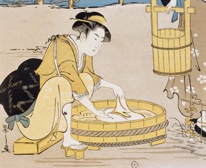 Frauen waschen im Fluss, Umschlag von Firmin Gillot, Le Japon Artistique (Japanische Kunst), Kunst- und Industriedokumente gesammelt von Siegfried Bing, monatliche Veröffentlichung Juli 1889, Frankreich