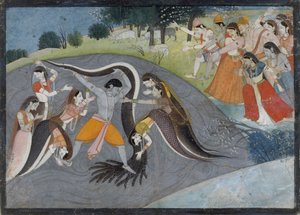 Krishna bezwingt Kaliya, den Schlangendämon: Folio aus einer Bhagavata Purana Serie