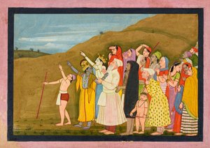 Krishna und seine Familie bewundern eine Sonnenfinsternis, vielleicht eine Seite aus dem "Kangra/Modi" Bhagavata Purana von First generation after Nainsukh