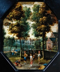 Kermesseszene in einem Dorf nahe einem Fluss von Flemish School