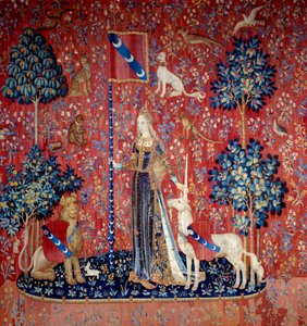 Eine junge Frau umgeben von einem Löwen, einem Einhorn, einem Affen, Kaninchen - Woll- und Seidentapisserie hergestellt zwischen 1484 und 1500, aus dem Schloss von Boussac, Creuse. Maße 3,7x4,7 m - Paris, Musée national du Moyen Âge, Thermes de Cluny - All